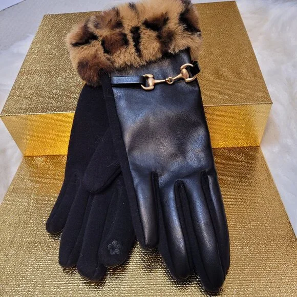 Marcus Adler Black Gloves with Leopard Print Cuff. Gold Tone Accent. O/S. - Picture 4 of 14